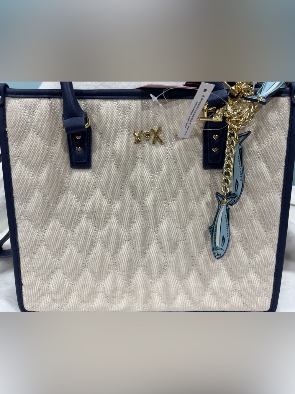 NWT Betsey Johnson— Quilted Canvas Tote Bag in Cream and Navy